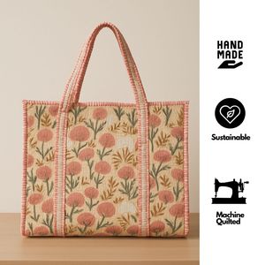 Bolsa de Compras de Fieltro No Tejido, Bordada a Mano, Sostenible, con Diseño Floral, Estilo Bohemio, Color Rosa Beige - Product Image 1
