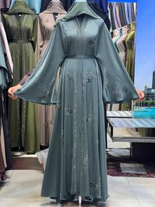 Elegant Teal Embroidered Abaya Women's Modest Ankle Length Long Sleeve V Neck Middle East Style Daily Wear Regular Breathable - Product Image 1