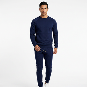 Conjunto Deportivo Azul Marino para Hombre, Cuello Redondo, con Bolsillos Laterales y Pantalones con Cordón, Ropa Casual de Otoño, Diseño Sólido de Longitud Completa - Product Image 4