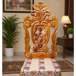Chaise de salle à manger en bois massif artisanale de luxe, ornée de sculptures florales mandala, siège rembourré floral - Product Image 2