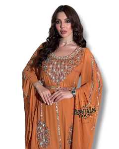 AWAIS HOUSE Women's Middle Eastern Ethnic Lightweight <b>Plus</b> <b>Size</b> Floor-Length Hand Beaded Sequined Georgette <b>Kaftan</b> Abaya Party - Product Image 3