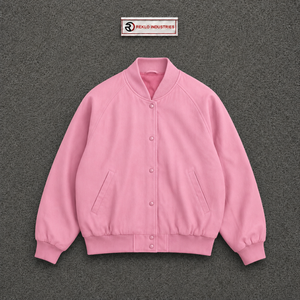 Chaqueta universitaria rosa de lana para hombre y mujer, chaqueta bomber extragrande personalizada con cierre de botones a presión, cuello, puños y dobladillo acanalados. - Product Image 5