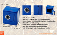 Boîte à monnaie en métal bleu personnalisée Kwang Hsieh avec serrure à combinaison à 2 chiffres, couleurs et logo personnalisables disponibles