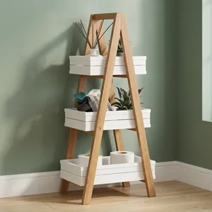 Étagère de rangement en bois de manguier à 3 niveaux, design minimaliste, paniers blancs, organisateur pour salle de bain, cuisine, salon - Product Image 4