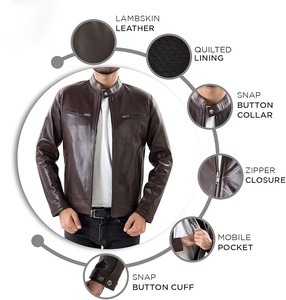 Veste moto en cuir véritable marron pour homme, col montant, fermeture éclair, coupe classique, pour l'automne - Product Image 6