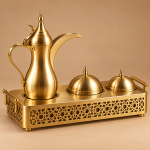 Ensemble à café en métal de style moyen-oriental avec pot Dallah et plateau décoratif, design portable et durable pour les mariages et les fêtes - Product Image 2