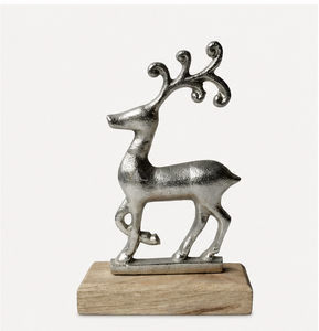 Handcrafted Silver Elegance Reindeer Sculpture Premium Aluminum <b>Christmas</b> Figurine With Natural Wooden Base For Modern Festive - Product Image 3