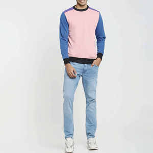 เสื้อสเวตเชิ้ตแขนยาวคอวีสีชมพู-น้ำเงินตัดกันสำหรับผู้ชาย ขายส่ง พร้อมปักโลโก้ตามสั่ง - Product Image 1