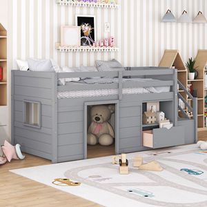 Letto a soppalco basso in legno massello per bambini, con scaletta e cassetto, colore grigio - Product Image 3