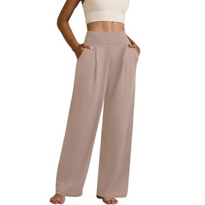Pantalon plissé décontracté pour femme, taille haute, coupe large, couleur unie, taille élastique, ample, longueur complète, avec poches - Product Image 4