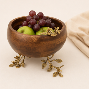 Bol à salade en bois de manguier artisanal de luxe avec accents floraux en laiton, centre de table décoratif haut de gamme, bol à fruits pour la décoration intérieure - Product Image 4