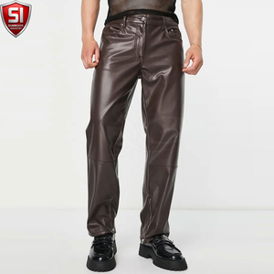 Pantalones de moto para hombre de cuero marrón, cortavientos, casuales, de corte recto, cintura alta, cierre de cremallera, bolsillos laterales, peso medio, para invierno - Product Image 6