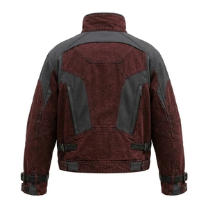 Blouson de moto vintage en jean bordeaux pour homme, style streetwear, avec patchwork en cuir et multiples poches, vêtement d'extérieur pour la conduite - Product Image 2