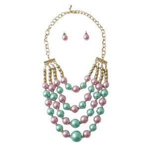 Collier à plusieurs rangs avec perles roses, vertes et dorées, collier élégant pour femmes, bijoux de mode, collier multi-rangs, à porter pour les fêtes, cadeau - Product Image 4