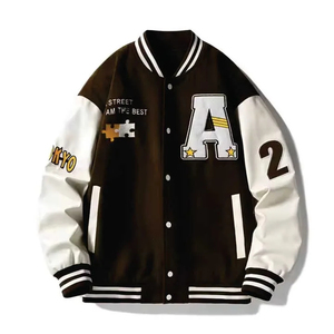 Blouson universitaire en toile pour homme, marron et blanc, style streetwear, col montant, coupe droite, décontracté, coupe-vent, respirant, avec logo frontal, pour l'automne - Product Image 1