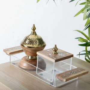 Ensemble de brûleur d'encens Bakhoor en bois et laiton de luxe avec plateau en acrylique - Product Image 6