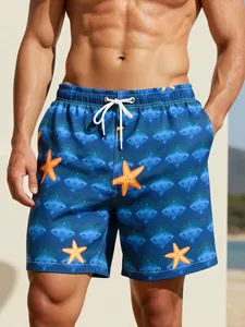 Short décontracté bleu ciel pour les vacances d'été, imprimé lettres sur toute la surface, cordon de serrage, poches obliques, coupe ample, idéal pour la plage, les vacances, Hawaï, les baignades tropicales - Product Image 1