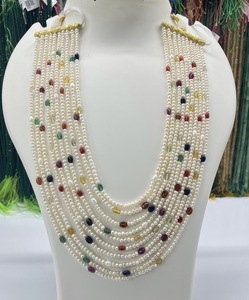 Perles d'eau douce semi-précieuses 100 % naturelles avec 10 rangs de pierres précieuses Navratna, perles lisses pour la création de bijoux. - Product Image 1