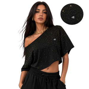 Trendy Rhinestone Asymmetrical women's shirt <b>Off</b> <b>Shoulder</b> Short Sleeve All Season Glam Tee Custom Logo Crop <b>Top</b> Party Wear Black - Product Image 1