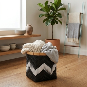 Cesta Ombak de Fibra Natural Tejida, Contenedor de Almacenamiento, Maceta con Diseño Chevron, Organizador Decorativo para el Hogar, Cesto para Ropa - Product Image 5