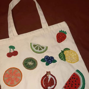 Bolso de mano de lona de algodón con patrón de frutas bordado, bolso de compras con cuentas, bolso de hombro reutilizable para el mercado de verduras - Product Image 1