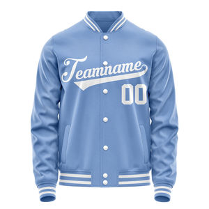 Custom Light Blue Baseball Jacket With Embroidered Team Name Number Personalized Unisex Adult Full Sleeve Button Up Sportswear - Product Image 5