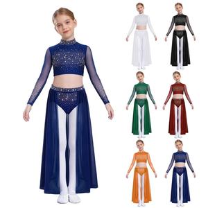 Costume de danse lyrique pour filles de 6 à 16 ans, ensemble haut court et jupe fluide pour spectacles sur scène, cours de danse, noir - Product Image 1