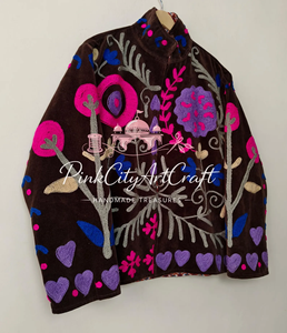 Handcrafted Women Velvet <b>Quilted</b> Jacket Breathable Eco-Friendly Vibrant Rajasthani Suzani Embroidery Full-Zip Winter Bomber Coat - Product Image 5