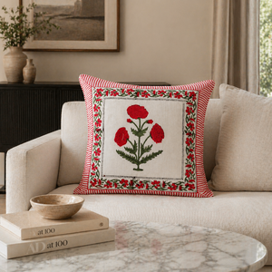 Designer Red Floral Cotton Cushion <b>Cover</b> Handmade Style Decorative Pillow <b>Cover</b> <b>for</b> <b>Sofa</b> and Bedroom - Product Image 2