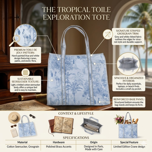 Bolso Tote con Estampado de Grullas Tropicales Azules, Bolso de Hombro de Algodón Seersucker Blanco con Ribete a Rayas, Bolso Obra Maestra Hecho a Mano - Product Image 4