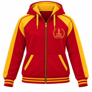 Sudadera con Capucha Premium PDK para Mujer, Color Rojo y Amarillo, con Bolsillos Delanteros, Cintura con Rayas y Cierre Completo con Cremallera, para Hermandades - Product Image 3