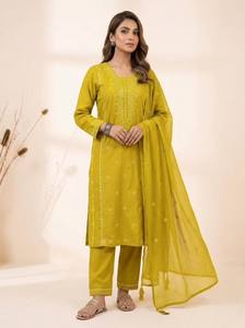 Ensemble Kurta Palazzo en Soie Romaine Brodé avec Dupatta, Tenue Traditionnelle Indienne et Pakistanaise pour Femme, Coupe Classique, Longueur Cheville - Product Image 4