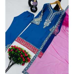 Conjunto de ropa de fiesta de diseñador para mujer Top Plazzo bordado y Dupatta - Product Image 1