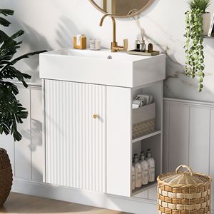 Modern 21.6-Inch Floating Bathroom Vanity with Ceramic Basin Right <b>Side</b> Storage for Small Bathrooms - Product Image 1