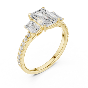 Anillo de Compromiso de Oro Amarillo con Tres Diamantes Cultivados en Laboratorio con Corte Esmeralda, Piedras Laterales Pavé, Estilo Vintage, Joyería Fina para Mujer - Product Image 2