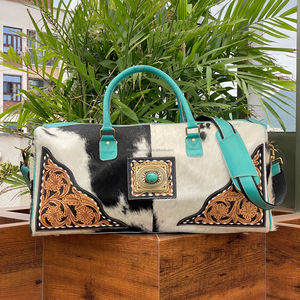 <b>Large</b> Capacity Cowhide Fur Leather Duffel <b>Bag</b> Luxury Turquoise Stone Business Hand Tooled Travel Lightweight Durable Weekend Use - Product Image 4
