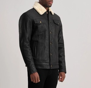 Men's Black Genuine Leather Moto Jacket Turn-down Collar Button Closure Slim Fit Faux <b>Fur</b> Lining Winter Style - Product Image 2