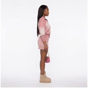Women's <b>Pink</b> Gradient Zip Up Hoodie and Mini Skirt Two Piece Set Long Sleeve Stand Collar Tracksuit - Product Image 4