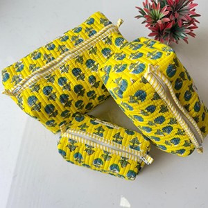 Yellow Quilted Floral Print Cosmetic Toiletry <b>Bag</b> with Zipper Closure Multi-Function Travel Toiletry Organizer for Women - Product Image 4