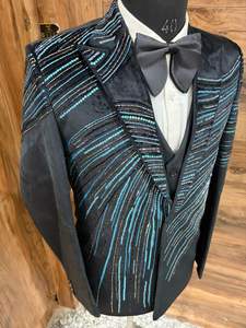 Costume de smoking noir brodé pour homme – Blazer de soirée, de mariage ou de bal, fait main, avec motif à sequins, veste et pantalon - Product Image 3
