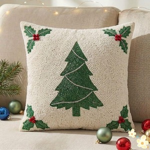 Floral Embroidered Cushion Cover Square Bohemian Style Decorative <b>Pillow</b> with Red Flowers and Green Leaves Home <b>Decor</b> - Product Image 5