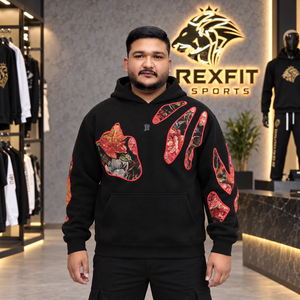 Custom <b>Mens</b> <b>Black</b> Pullover Hoodie Floral Applique Heavyweight <b>Fleece</b> Streetwear Sweatshirt Oversized Casual Winter Fashion 100% - Product Image 1