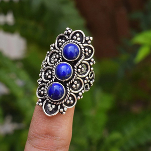 แหวนพลอยลาพิส ลาซูลีธรรมชาติ แหวนเงินแท้ 925 ทำมือ สำหรับเด็กหญิงและสตรี - Product Image 2