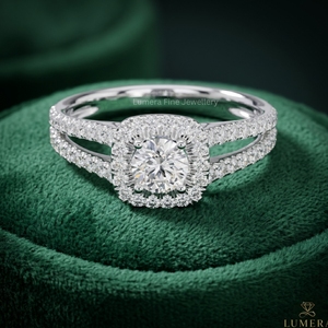Bague de fiançailles Halo en or blanc 9K 10K 14K 15K pour femme, diamant de laboratoire IGI taille ronde, bijoux à bande fendue - Product Image 1