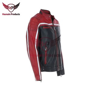 <b>Mens</b> Real Black Red Leather <b>Jacket</b> <b>White</b> Racing Stripe Biker Motorcycle Cowhide Coat Quilted Shoulder Custom Classic Winter Wear - Product Image 2