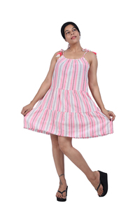 Robe mini en coton teint en fil pour femme, style bohème, sans manches, fabriquée par le fabricant - Product Image 3