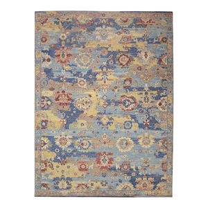 Tapis d'appoint en pure laine noué à la main - Tapis oriental de luxe bleu et or à motifs floraux, à poils ras et tuftés pour la décoration moderne du salon - Product Image 2