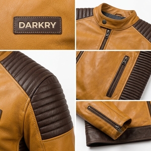 Blouson en cuir bicolore marron beige pour homme, personnalisé, vente en gros, OEM, ODM, avec panneaux côtelés, style motard, fournisseur direct d'usine - Product Image 6