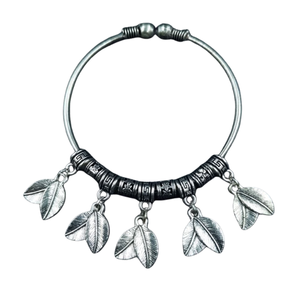 Oxidized Silver <b>Boho</b> Bangle with Leaf Charms - Ethnic Tribal Style Jewelry - Adjustable Women's Statement <b>Bracelet</b> - Product Image 1