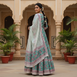 Ensemble pyjama Kurti Sarong en coton blanc turquoise à fleurs |   Tissu imprimé à la main de haute qualité avec bordure Butti rose, un chef-d'œuvre artisanal - Product Image 3